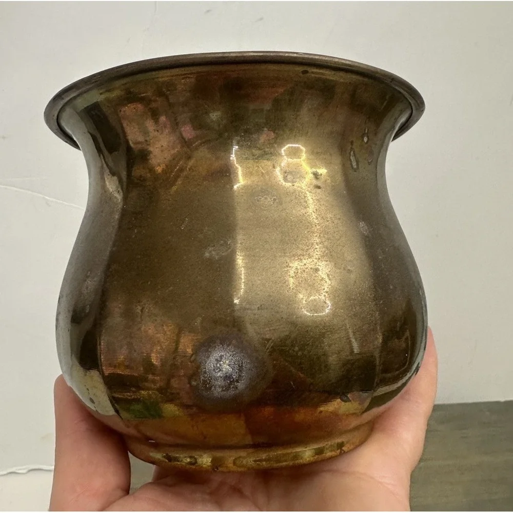 Vintage Small Solid Brass Ribbed Planter Flowerpot Home Garden Decor 4